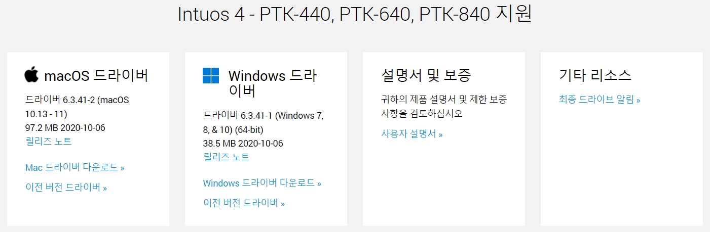 와콤 펜 태블릿 Intuos4 PTK-440&#44; PTK-640&#44; PTK-840드라이버 설치 다운로드