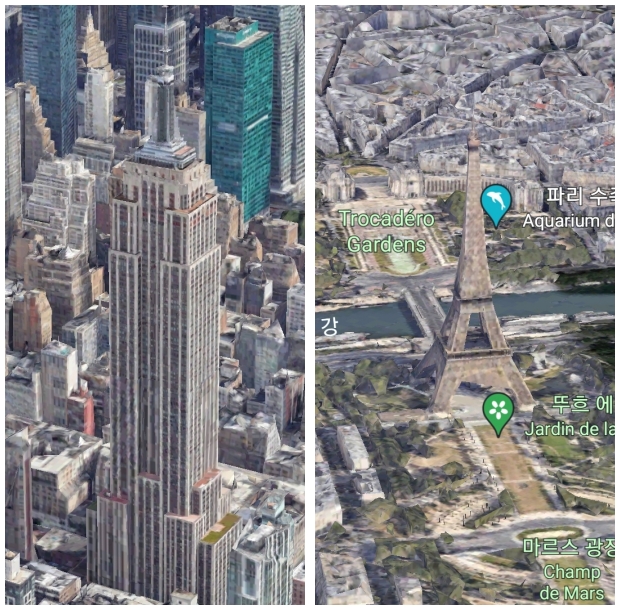 구글어스 3D 모드로 본 엠파이어 스테이트 빌딩과 에펠탑
