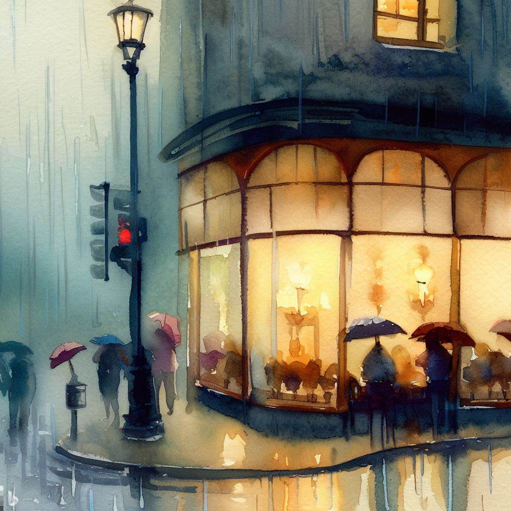 heavy rainy day&#44; a cafe with a large window at the corner&#44; streetlamps&#44; people holding umbrella&#44; watercolor