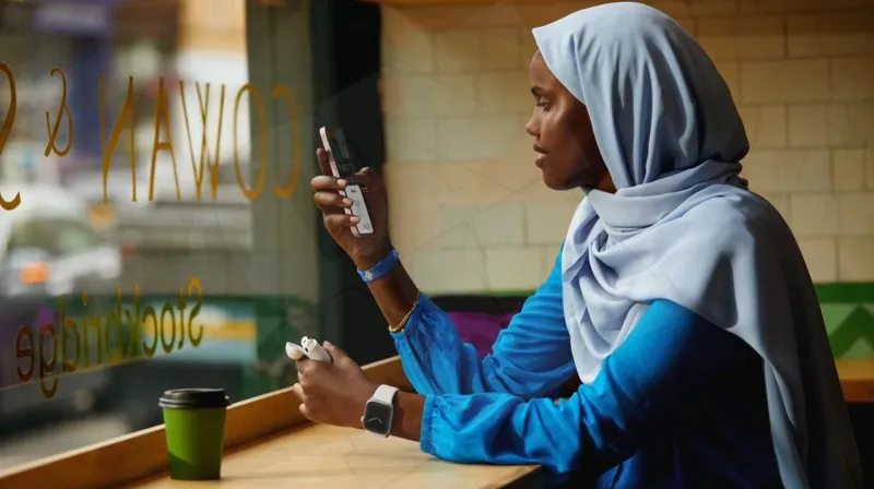 아이폰 14 프로를 사용하는 애플 워치8을 손목에차고 왼손에 에어팟 프로2를 들고있는 흑인 여성