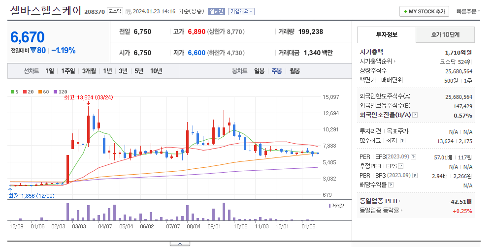 셀바스헬스케어 주봉차트