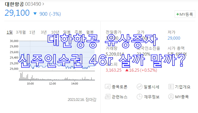  대한항공 유상증자 신주인수권 46r 살까 말까?