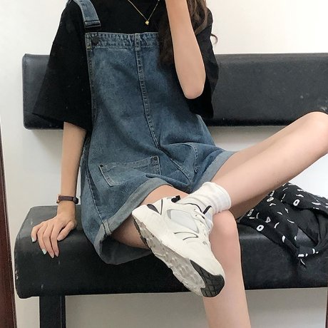 데님 멜빵 반바지 여성 귀여운 캐쥬얼룩