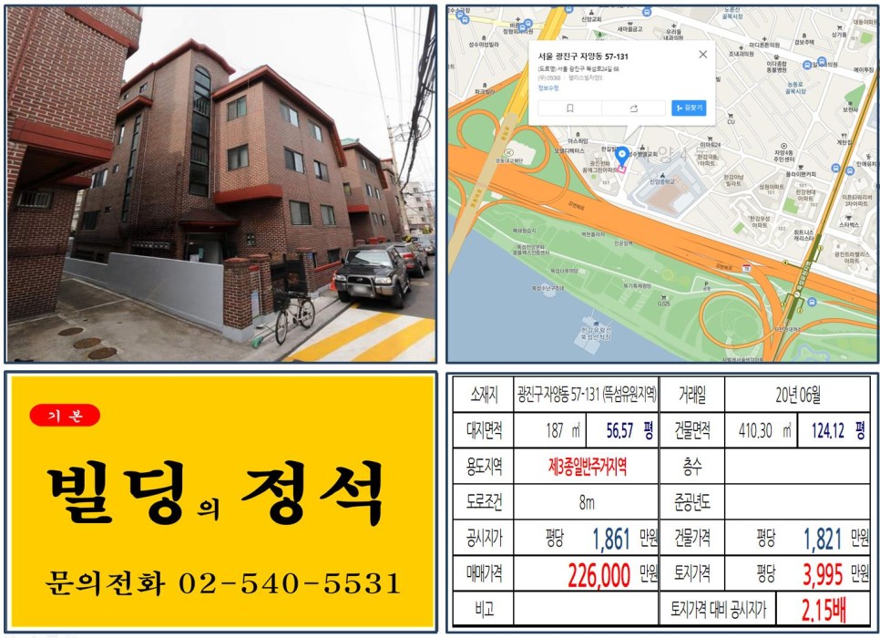  [광진구 뚝섬한강공원 20억 신축부지 실거래가 조회] 자양동 57-131 (뚝섬유원지역) 22억 6,000만 원, 평당 3,995만 원 매매되었습니다.