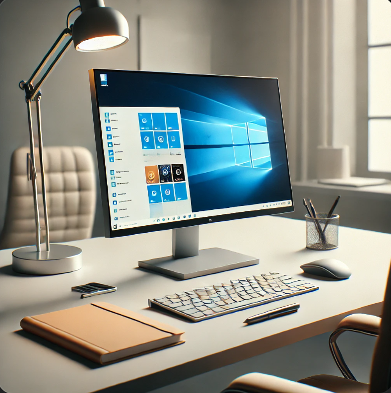 Windows 11 인터페이스가 표시된 데스크탑 컴퓨터가 중심에 있는 현대적인 사무실 설정입니다. 깔끔한 책상과 최소한의 사무용품이 있습니다.