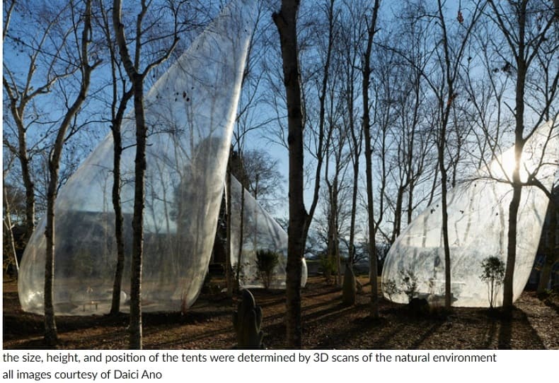 투명한 눈물방울 모양의 텐트 Yuko nagayama&#39;s transparent teardrop-shaped tents dot a tranquil forest in japan