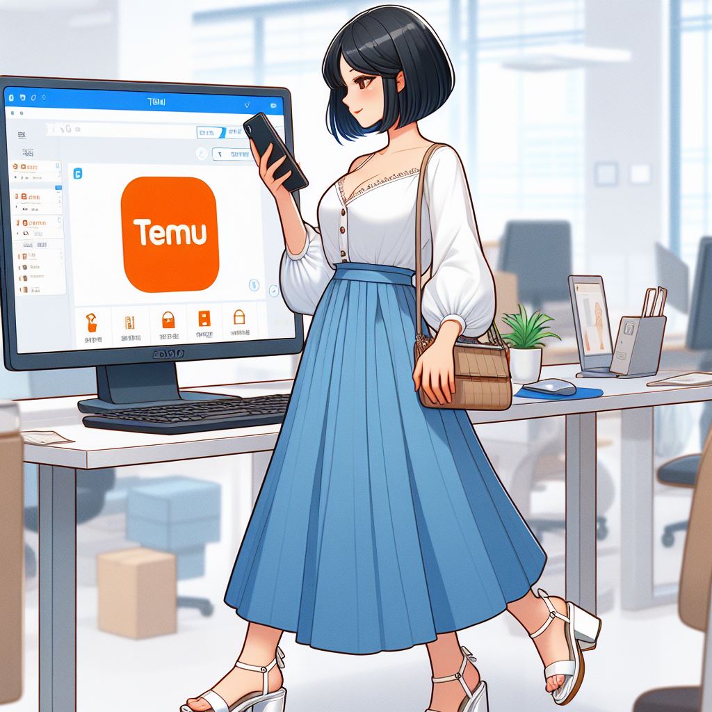 A scene of a beautiful Korean housewife with short black hair&#44; wearing a white cotton blouse&#44; a blue long skirt&#44; and white sandals with thin straps and 7cm heels&#44; shopping on the temu app (with orange base color) on her smartphone in front of a computer in a busy office. The temu app is a Korean online shopping platform.