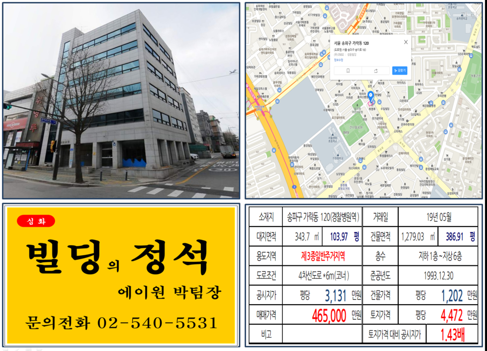  [송파구 역세권 대로변 사옥 및 임대수익용 빌딩 실거래가 조회] 가락동 120 (경찰병원역) 46.5억 원, 평당 4,472만 원, 대로변 코너