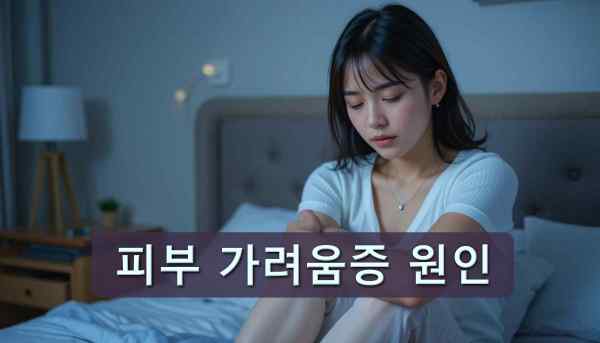 밤에 피부를 긁으며 가려움증을 느끼는 한국 여성의 모습