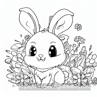 꽃 밭에 앉아 있는 토끼 색칠 도안. rabit coloring paper.