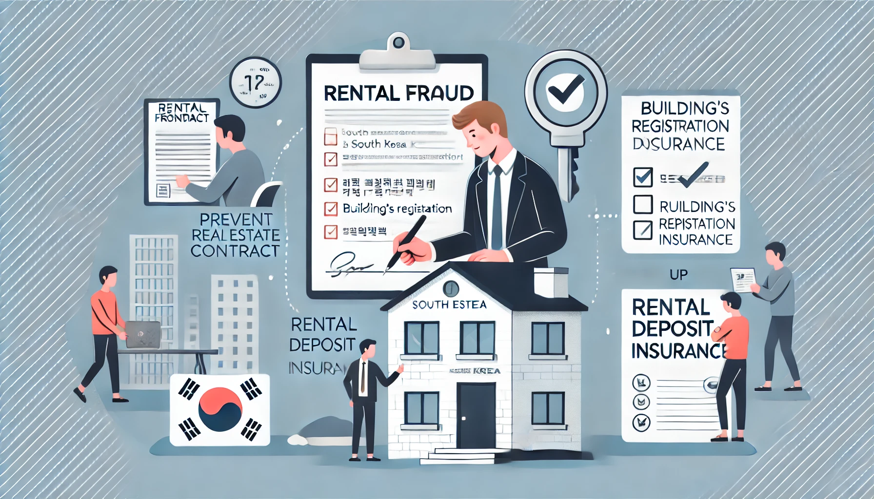 전세사기를 예방하는 장명을 표현한 그래픽. 등기부등본 확인, 보증보험 가입, 전세계약서 검토를 상징하는 이미지 구성.
