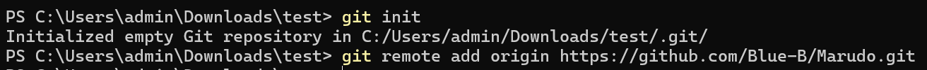 git init 저장소 초기화후 git remote add origin으로 저장소를 연결하는 명령어 이미지