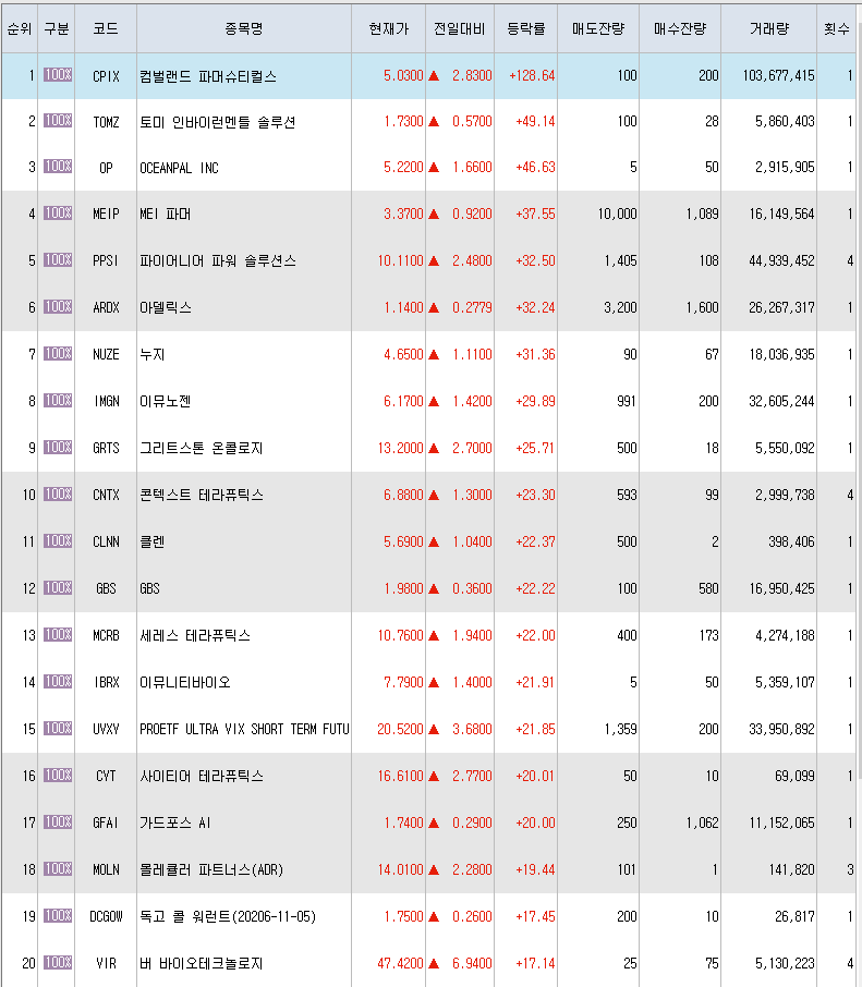  11월30일 미국주식 상승률 상위 종목 TOP 300