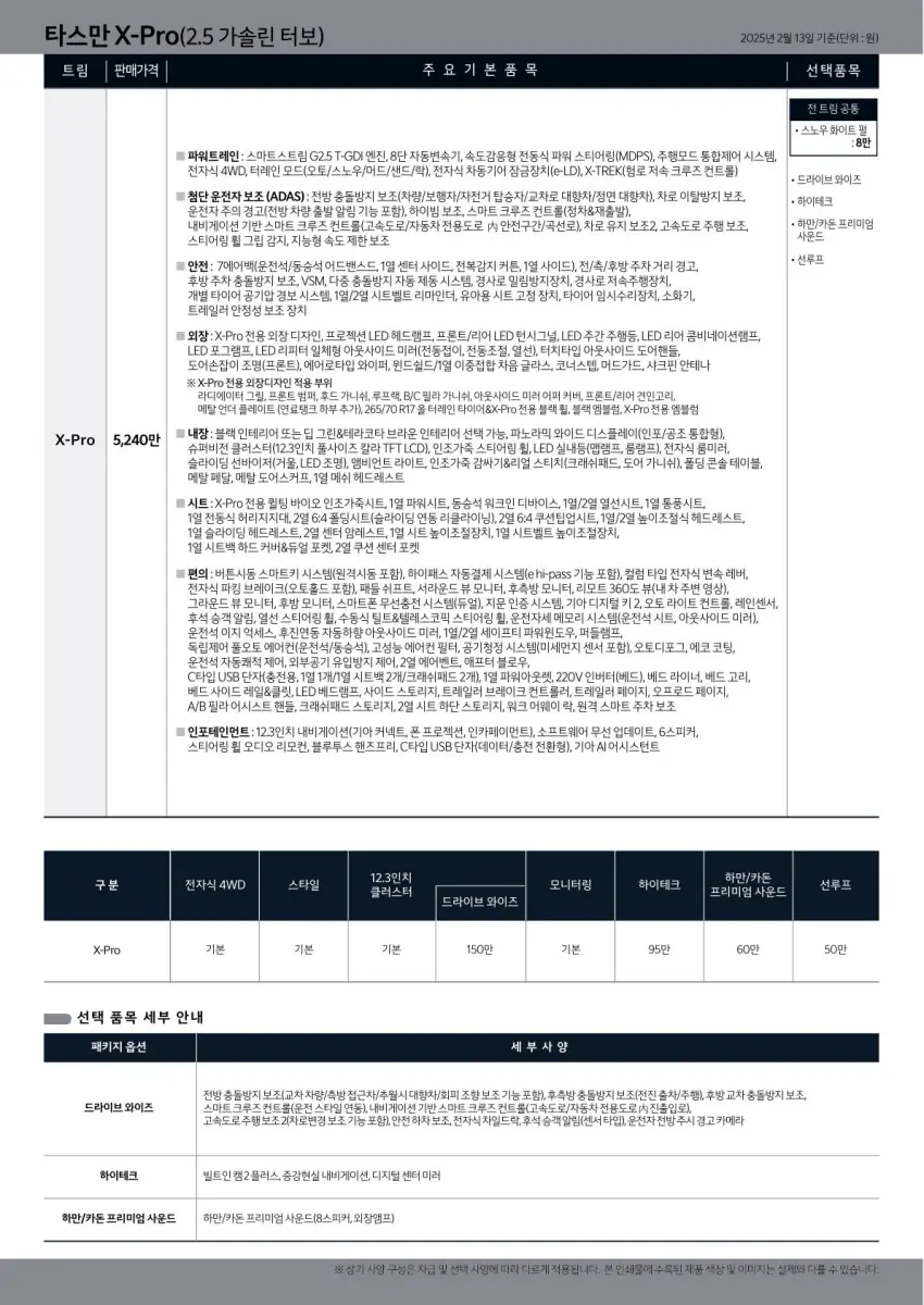 기아 타스만 X-Pro 가격표입니다(출처 : 기아).