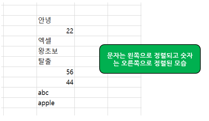 엑셀에서 문자는 왼쪽으로 정렬되고 숫자는 오른쪽으로 정렬된 모습