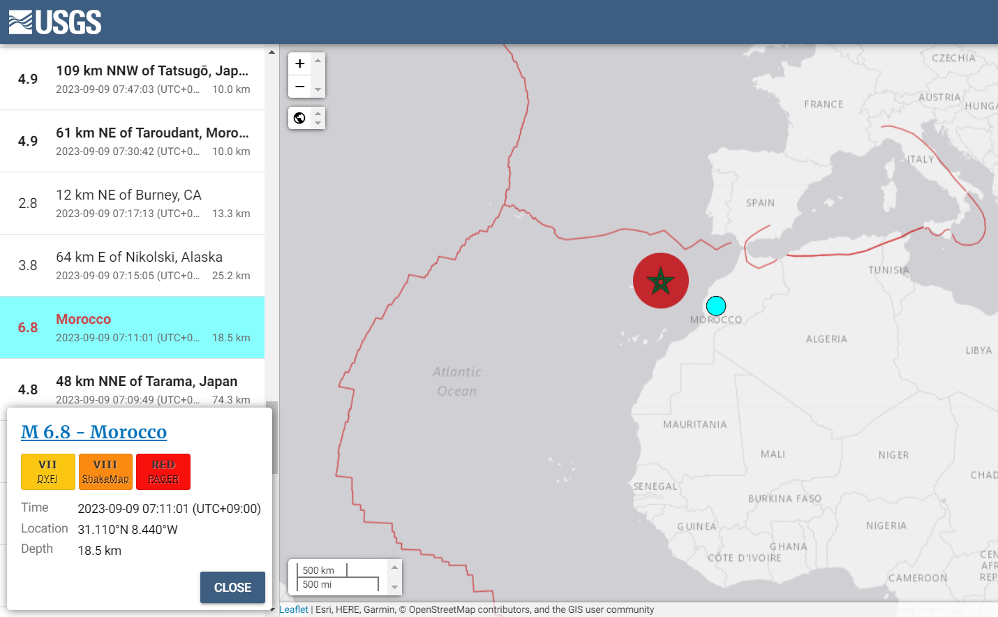 모로코 지진&#44; USGS