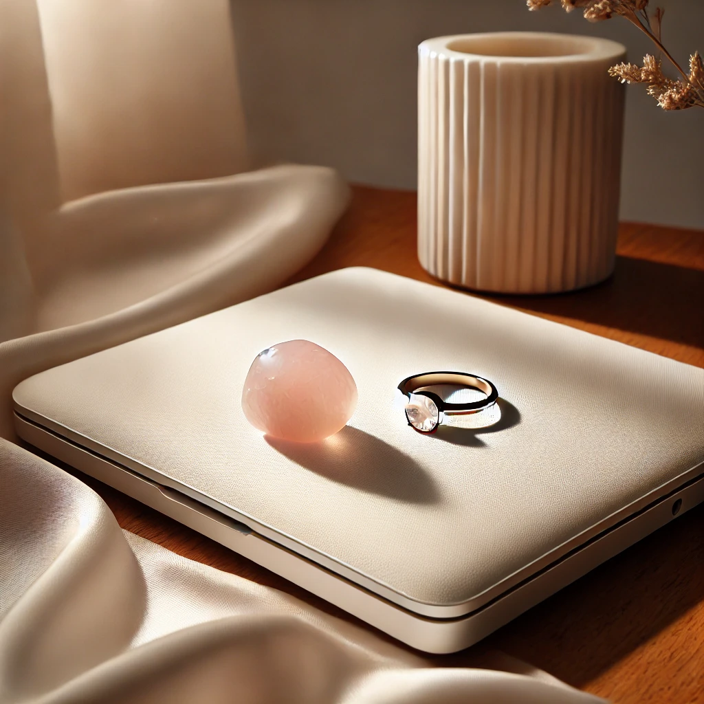 DALL·E 2024-11-26 23.15.31 - A serene and elegant setup featuring a delicate rose quartz ring with a soft pink hue resting on a white silk cloth, paired with a minimalist white la.webp