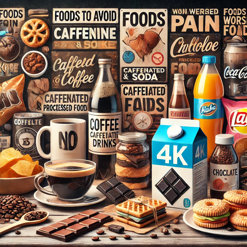 DALL·E 2024-11-11 21.36.42 - 1) A professional blog image showing a collection of processed foods and caffeinated drinks like coffee, soda, and chocolate bars on a kitchen table t.webp