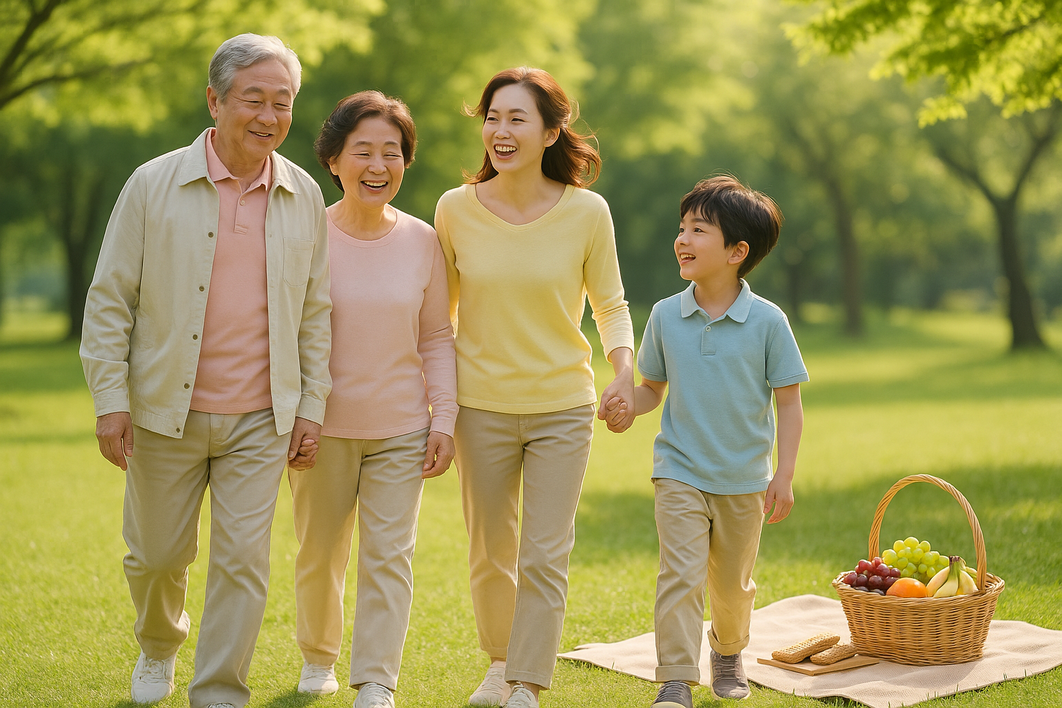 &quot;봄 햇살 아래 가족이 함께 걷고, 잔디 위에 과일과 간식이 놓여 있는 따뜻하고 화목한 장면&quot;