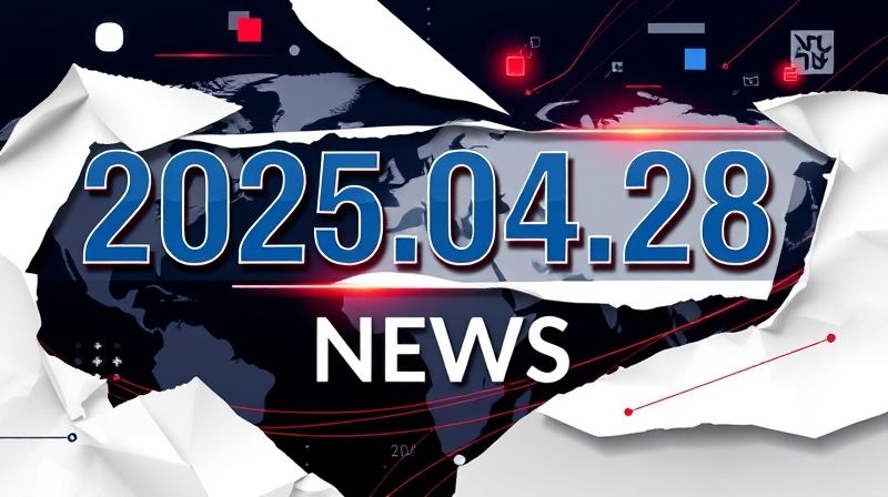 『2025년 4월 28일』 날짜가 굵은 글씨로 강조된 세련된 뉴스 테마 디자인, 세계 지도와 디지털 아이콘 등 추상 요소가 어우러진 현대적인 그래픽