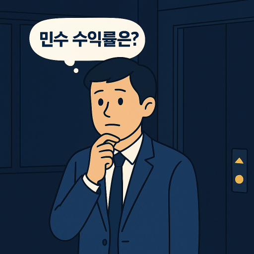 엘리베이터 앞에서 고개를 살짝 기울이며 궁금한 표정을 짓고 있는 김대리. 퇴근길 저녁 분위기의 실내 배경 속에서, 작게 &quot;민수 수익률은?&quot;이라는 문구가 삽입된 플랫 스타일 일러스트.