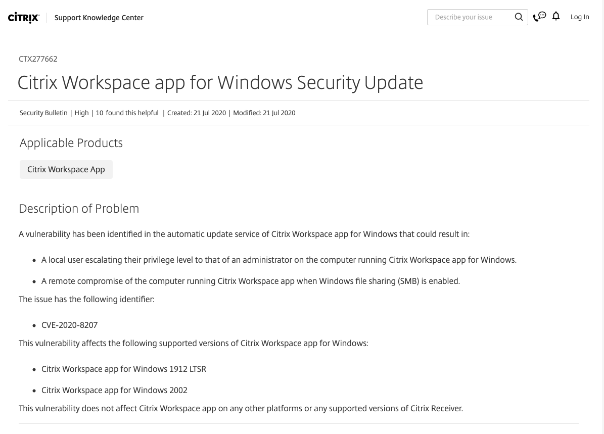 [보안공지] Citrix Workspace App 취약점 보안 업데이트 권고(KISA)