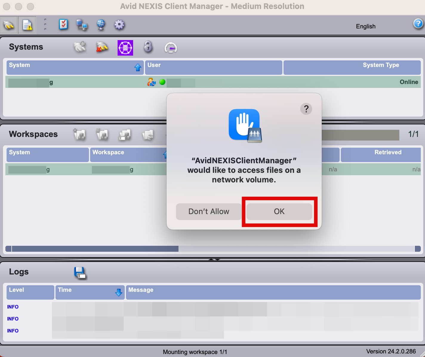 Avid NEXIS 네트워크 볼륨 연결 경고창