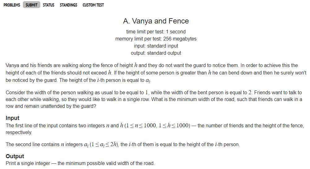  [Codeforces]  677A: Vanya and Fence