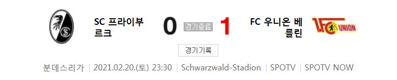 분데스리가 / 2021년 2월 20일 경기 - 프라이부르크(0) VS 우니온 베를린(1) 축구 하이라이트