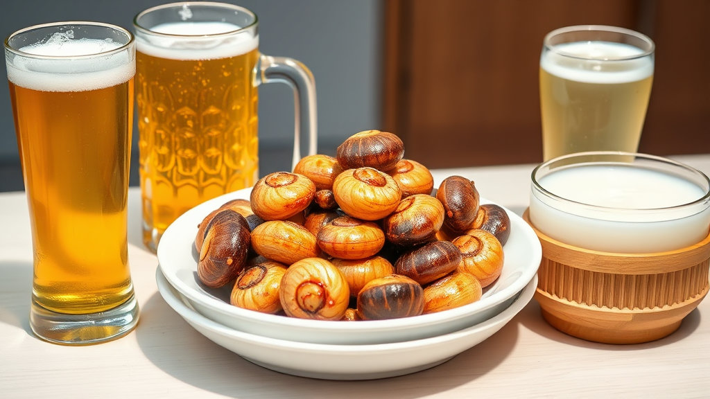 골뱅이무침 접시 옆에 시원한 맥주잔, 소주잔, 막걸리잔이 각각 놓여 있는 모습. 다양한 주류와의 페어링을 보여주는 이미지.
