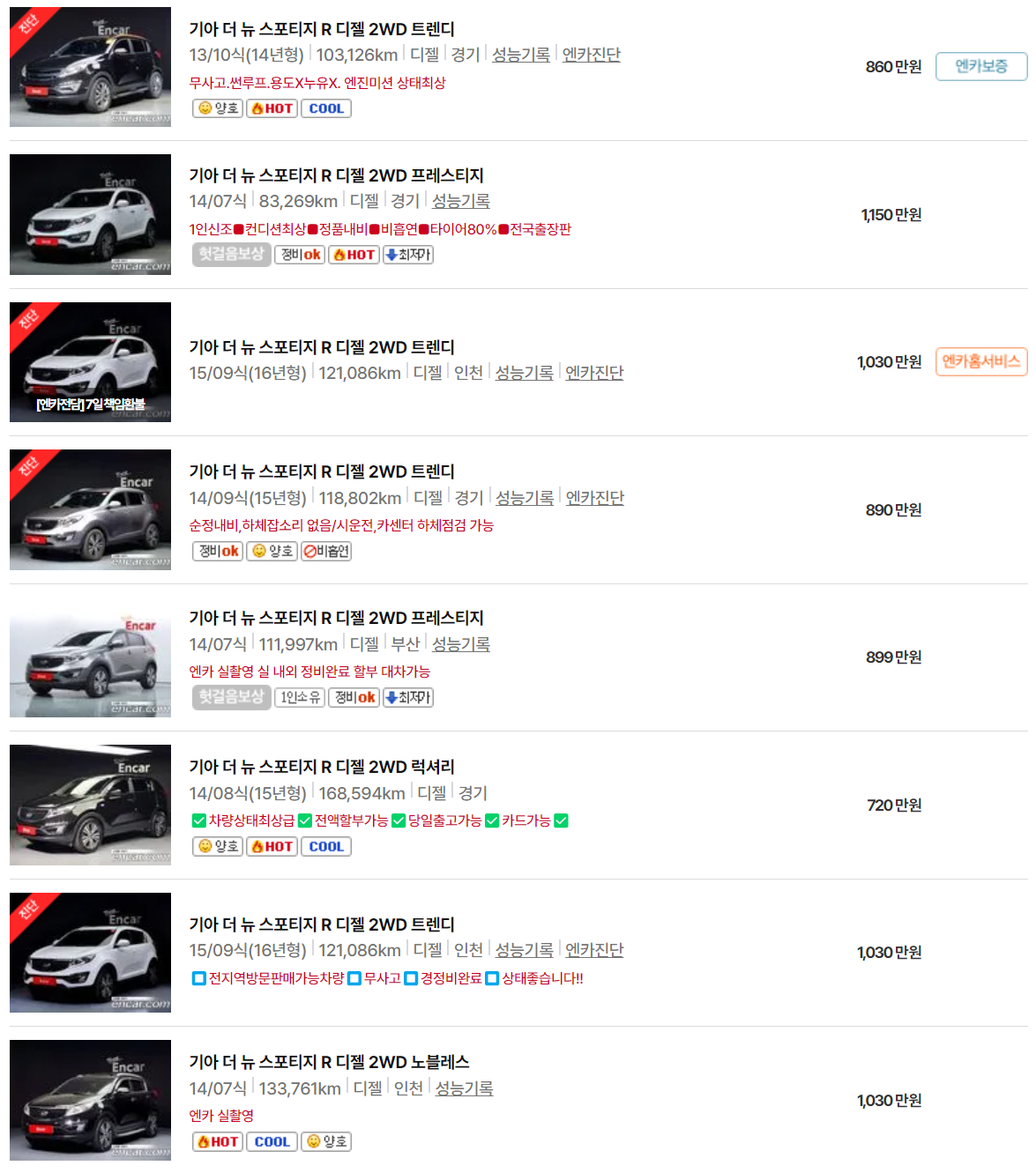 더 뉴 스포티지 R(13~15년식) 중고차 가격