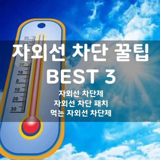 푸른 하늘 햇살이 비추고 왼쪽에 온도계가 높은 온도를 가리키고 있다. 그 위에 자외선 차단 꿀팁 best3라고 쓰여져 있다.