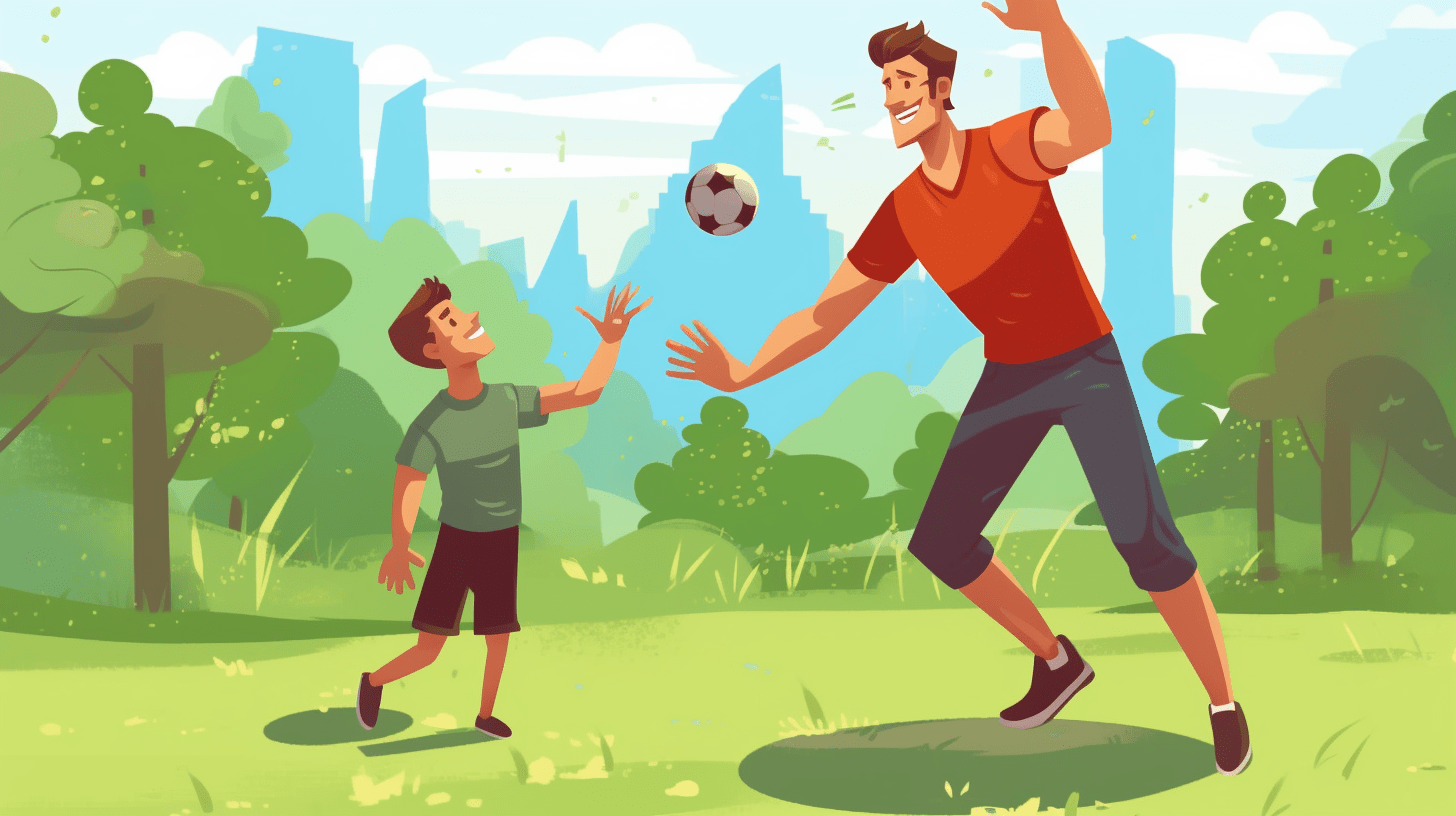 A father and son playing catch in a park.