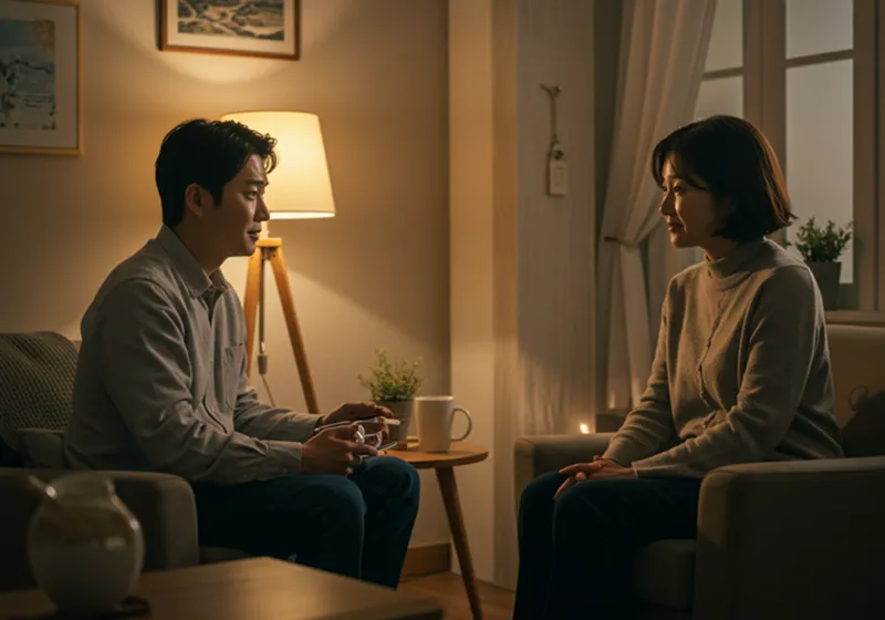 상담실에서 상담사가 내담자의 이야기를 따뜻하고 공감하는 표정으로 경청하고 있다. 내담자는 안심하고 자신의 이야기를 털어놓는 모습. 편안하고 안전한 분위기.