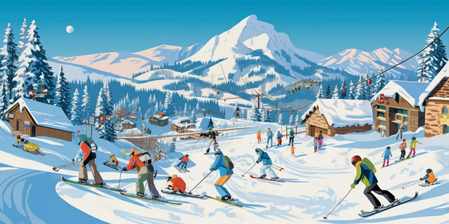 Animated ski resort scene with lively characters&#44; diverse activities&#44; and an Alpine setting.