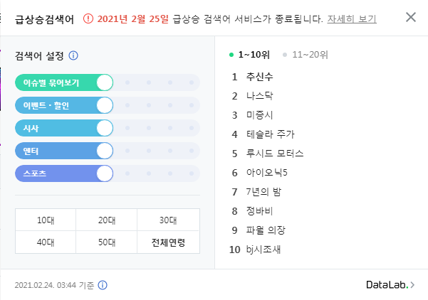  네이버 실시간 검색어 순위 (종료 폐지) 실검 급상승