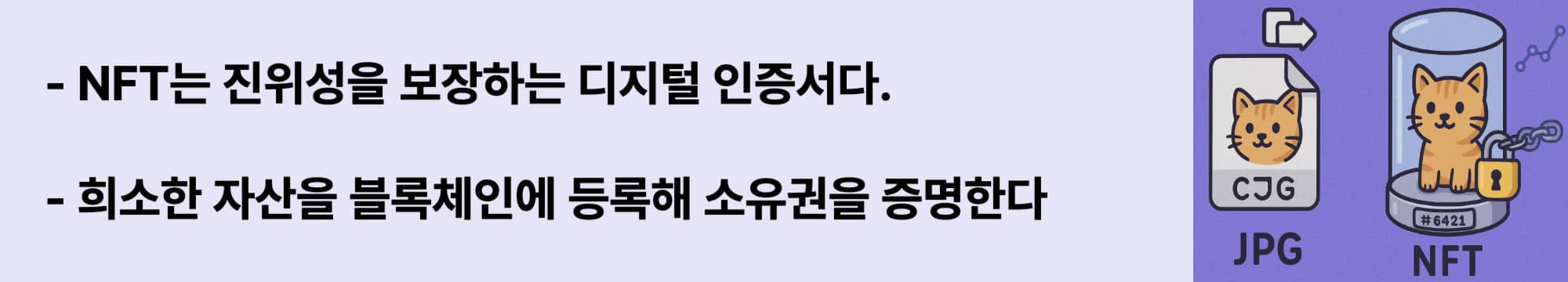 NFT는 고유성과 진위성을 보장하는 디지털 자산 인증서다. 디지털 아트, 게임 아이템 등 희소성을 가진 자산을 블록체인에 등록한다.