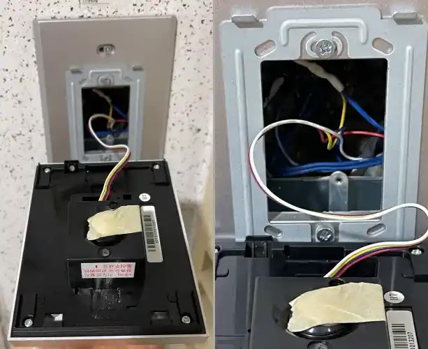 기존 카메라 제거 후 고정 패널, 철판 거치대 설치와 신규 카메라 배선을 완료한 모습