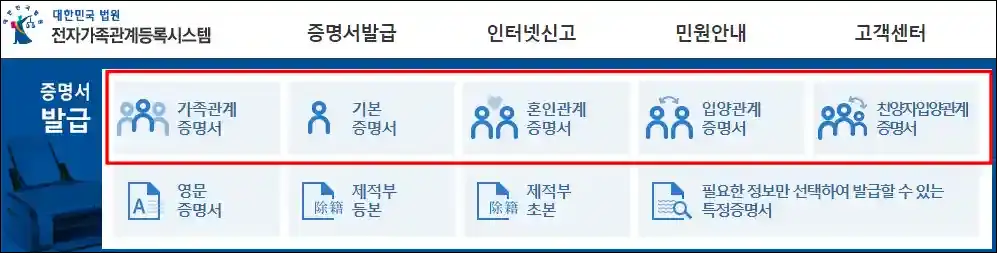 대법원 전자가족관계등록시스템 홈페이지