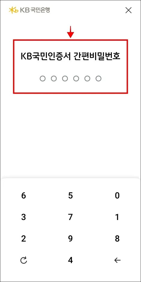 KB국민인증서의 간편비밀번호를 입력
