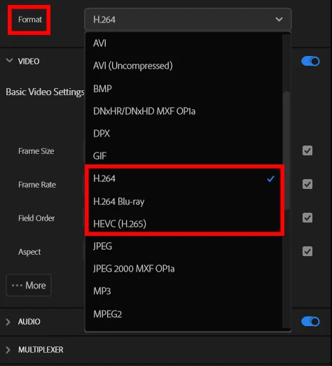 프리미어 프로에서 내보내기 설정 하는 모습