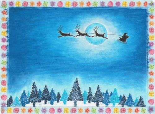 사슴과 산타를 검은색으로 칠하고 아래 삼각형 모양의 나무들을 오일페스텔로 사선으로 그린 그림