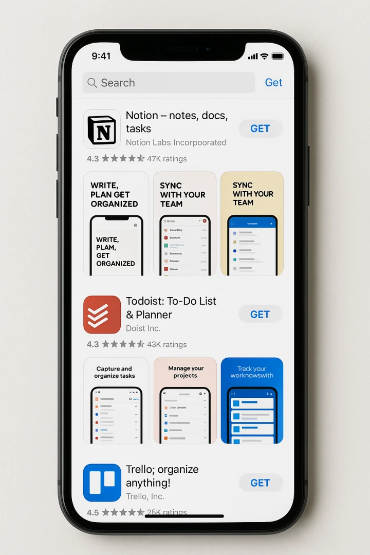아이폰 앱스토어에서 Notion, Todoist, Trello 다운로드 화면