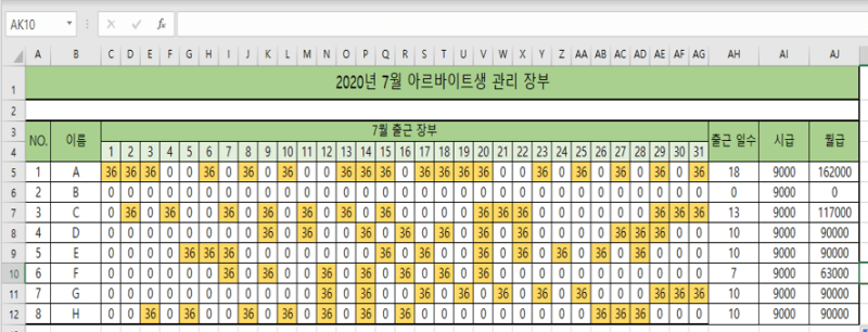 모든 함수 적용이 끝난 엑셀 사진