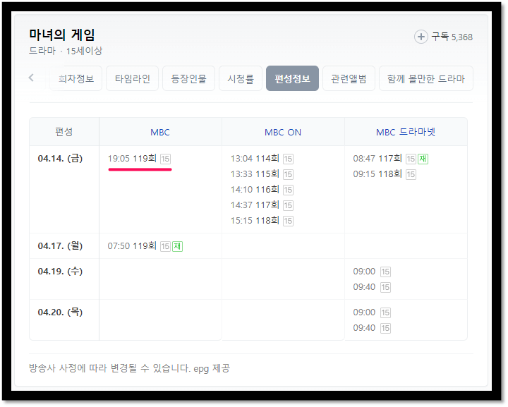 마녀의 게임 드라마 마지막회 편성표 방송시간