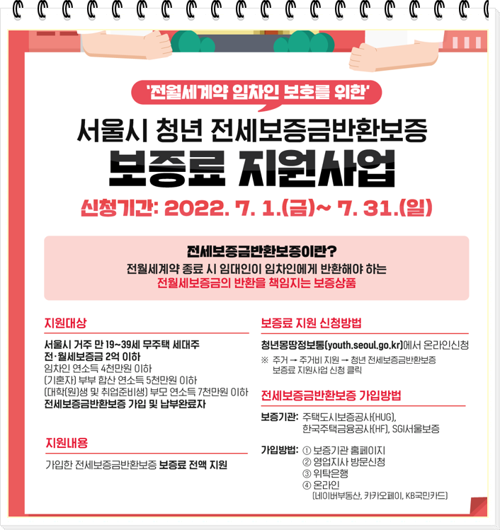  2022년 서울시 청년 전세보증금 반환보증 보증료 지원사업-(전월세 계약 임차인 보호를 위한)