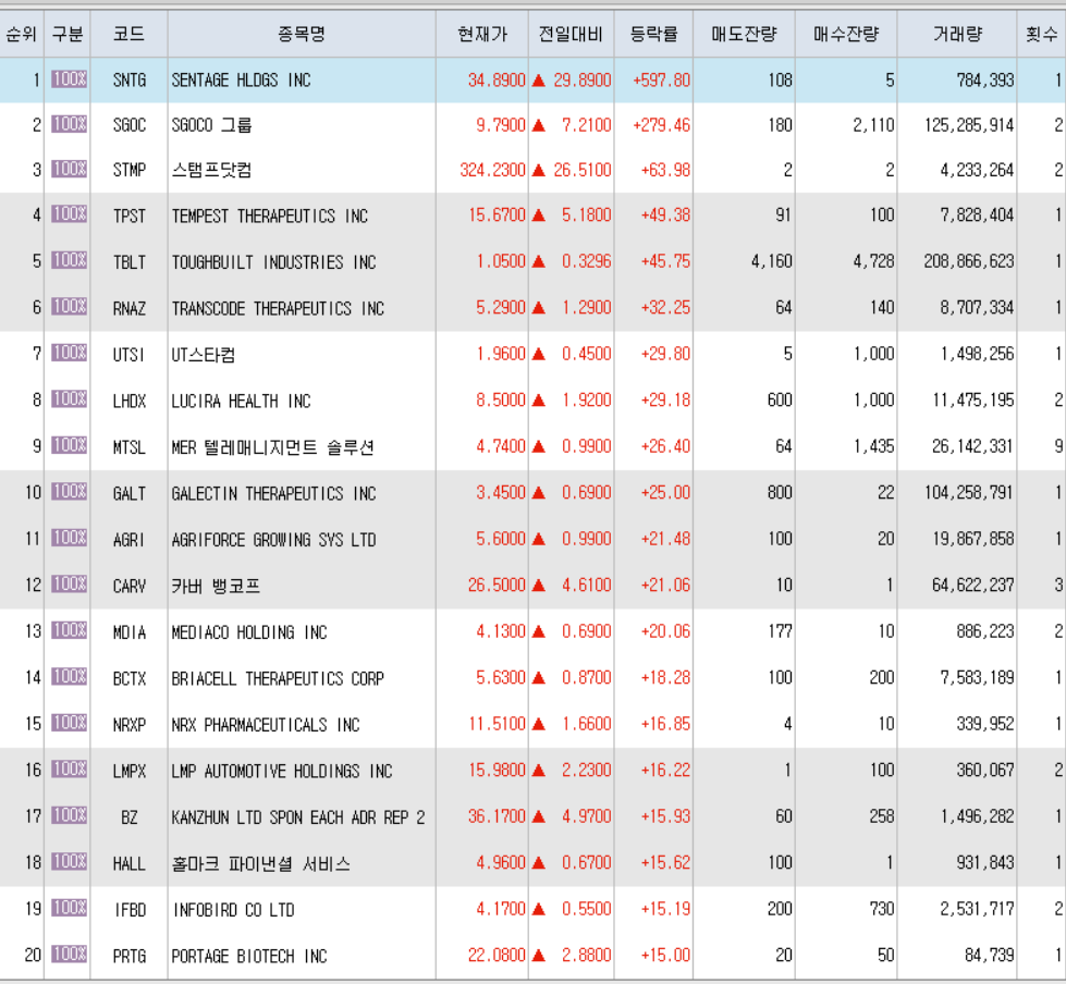  7월9일 미국주식 상승률 상위 종목 TOP 300