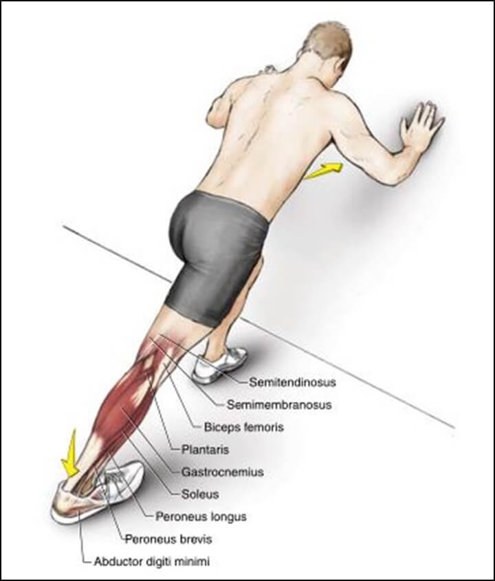 벽에 손을 대고 종아리 근육을 스트레칭하는 그림