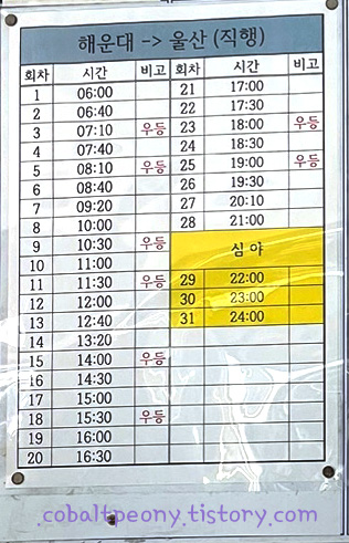 해운대 시외버스 터미널에서 출발해 울산 도착하는 버스 시간표.