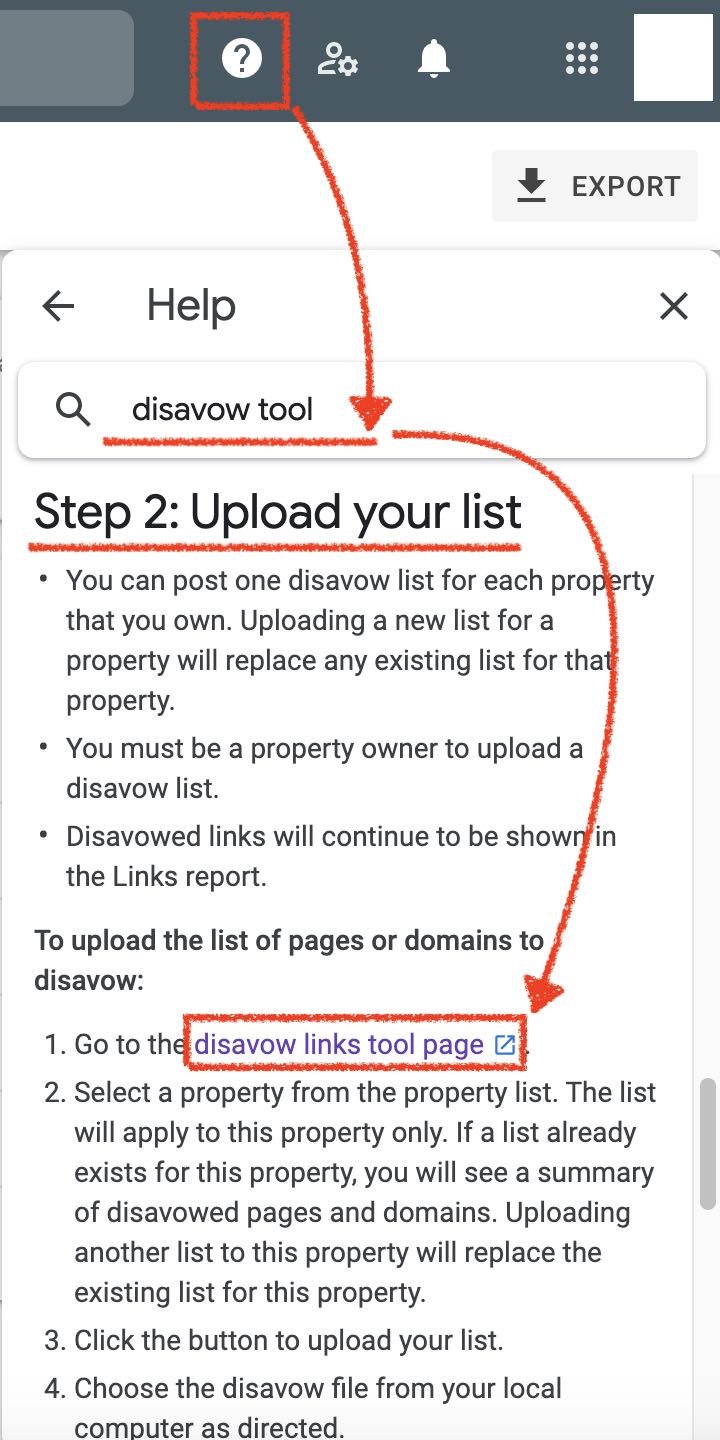 screenshot of Google Search Console, showing a link to the disavow tool in the help menu